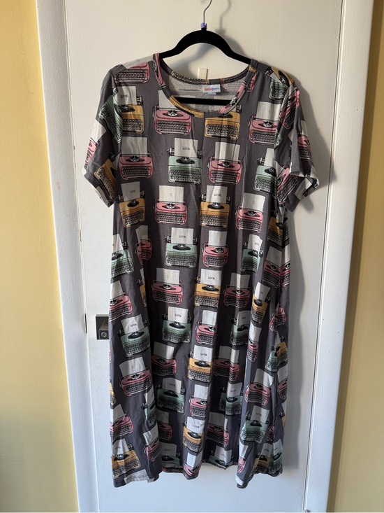 LuLaRoe Dresses & Skirts - LuLaRoe Gray Midi Dress with Pink, Green & Yellow Typewriter Print